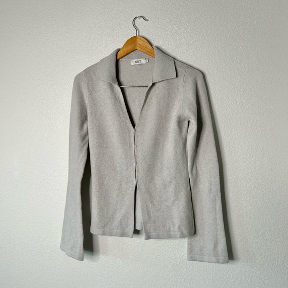 SET ACTIVE Jersey Knit Double V Cardigan & Tie Waist Wide Leg Pant in Fog Grey - Picture 12 of 13